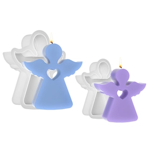 3D Angel silicone molds for DIY candle making with heart wings and finished wax samples