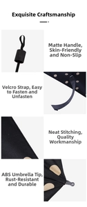 Detailed view of ABS tips, matte handle and stitching of a black polka dot umbrella