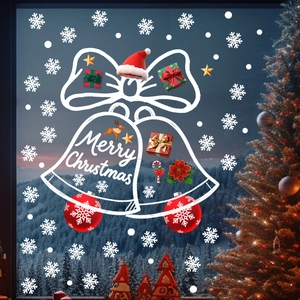 Festive Christmas window decals featuring Santa, snowman, and reindeer in a snowy landscape