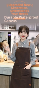 Detail view of water-resistant brown canvas apron with leather straps and metal hooks
