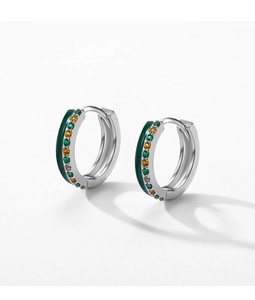 Detailed view of S925 silver hoop earrings with green enamel and colored gemstones
