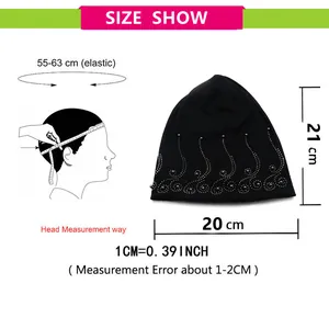 Size chart for cotton beanie showing 55-63cm head circumference and rhinestone details