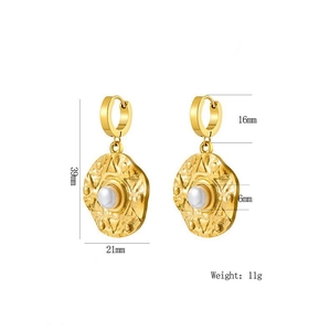 Gold stainless steel irregular round pearl earrings with detailed size measurements