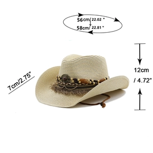 Size guide for beige straw cowboy hat showing 56-58cm circumference and 7cm brim width
