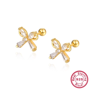 S925 Sterling Silver Bowknot Stud Earrings For Women Exquisite Zirconia Screw Ball Back Inlaid Shiny Rhinestone Fashion Jewelry Finger Jewelry Accessory Gift