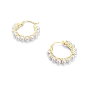 Elegant gold pearl hoop earrings with polished finish and secure click closure