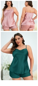 Detail of plus size satin pajama set featuring camisole top and shorts in silk-like fabric