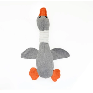 Flat lay of gray, orange, and white plush goose toys made of durable textured fabric