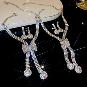 Bowknot Necklace And Geometric Stud Earrings Copper Rhinestone Encrusted Elegant Light Luxury For Women