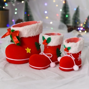 Weihnachten Beflockung Stiefel Dekoration Rot Süßigkeiten Geschenkbeutel Schneeflockenmuster Feiertagsornamente Für Kinder Haus Party Deko