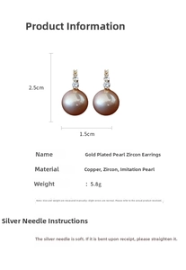 Vue détaillée des boucles d'oreilles perles et zircons avec dimensions et poids de 5,8g