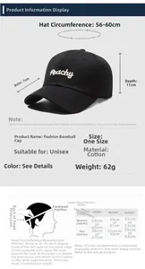 Detailed size chart for cotton baseball cap showing 56-60cm circumference and measurement guide