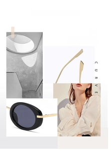 Detail view of Y2K oval sunglasses with black frames and sleek gold metal temples