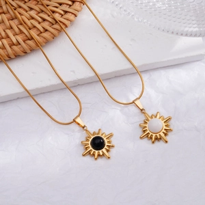 Sunburst Pendant Necklace Stainless Steel Snake Chain Inlaid Cat Eye Stone Gold Plated Minimalist Elegant For Women