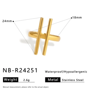 Detail of gold stainless steel ring with parallel bars showing 24mm and 18mm height specs