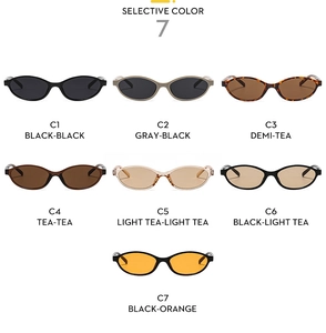 Flat lay of small oval vintage sunglasses showing seven different color options in high detail