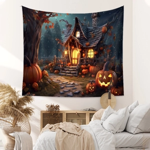Macro detail of Halloween tapestry featuring spooky house and pumpkin scene in bedroom