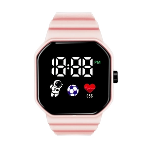Pink astronaut LED digital watch with square display and soft silicone sport wristband