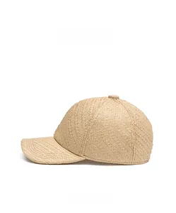 Detail view of woven straw baseball cap showing the natural beige texture and side profile