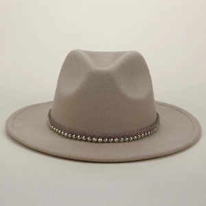 Detail of khaki wool fedora hat with woven rope band and decorative gold metal studs