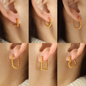 French minimalist gold bead geometric earrings in square, round, and heart shapes