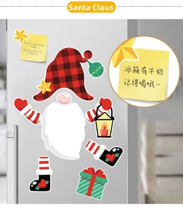 Detail of Christmas fridge magnet set with red plaid hat and magnetic holiday elements