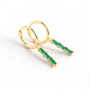 Elegant s925 silver hoop earrings featuring green rectangular zircon stone pendants