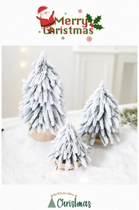 Three-piece set of mini flocked cedar Christmas trees with rustic round wooden bases