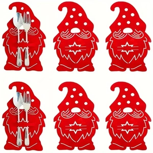 Set di 6 portaposate natalizi in feltro rosso con gnomi per decorazione tavola
