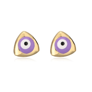 Detail of triangle gold-plated stud earrings with purple enamel eye and cubic zirconia