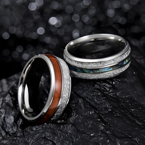 8mm Men's ring set with Koa wood, abalone shell inlays and Widmanstatten engraved patterns