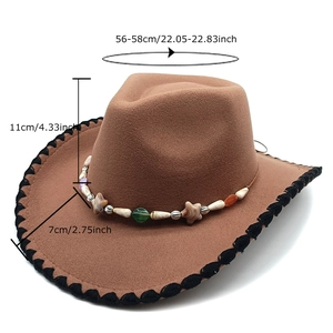 Brown wool felt cowboy hat with colorful beaded band and black stitched brim details