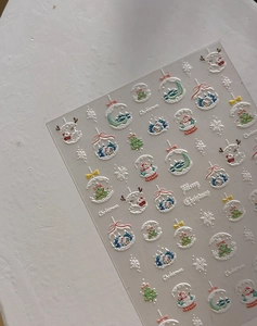 Close-up of 5D embossed Christmas nail stickers featuring snowflakes and snowmen
