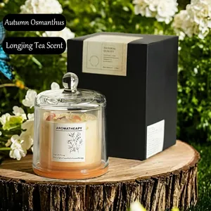 Aromatherapy soy wax candle set with crystal stones and glass dome in a black gift box
