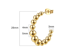 Detailed size view of gold C-shape steel bead earrings showing 26mm height and ball diameters