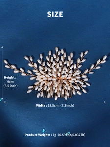 Detailed dimensions of bridal pearl hair comb with gold wire, height 9cm and width 18.5cm