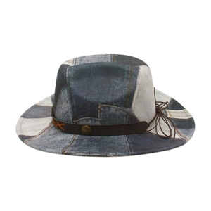 Vintage patchwork denim cowboy hat with leather strap and metal badge detail