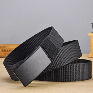Close-up of heavy-duty black nylon tactical belt with a matte black metal automatic buckle