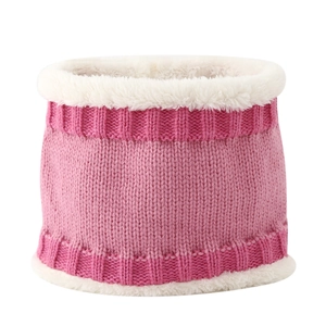 Winter pink knitted snood for kids with warm white fleece lining and ribbed texture
