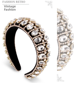 Detail of luxury baroque sponge headband with vintage black velvet and sparkling crystals