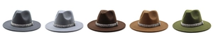 Close-up of five colorful wool fedora hats with elegant rhinestone decorative bands