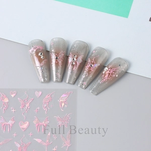 Close-up of 3D laser silver butterfly nail stickers with holographic pink patterns
