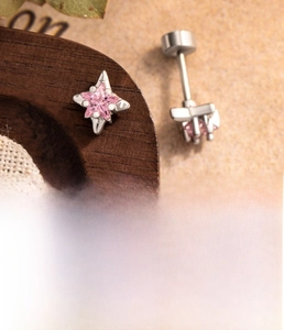 Detail of star zircon earrings showing stainless steel post and pink gemstone inlay
