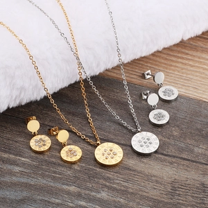 Gold and silver stainless steel jewelry sets with Roman numeral crystal round pendants