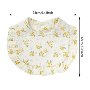 Detailed size specifications for baby floral cotton bib with ruffles and snap closure