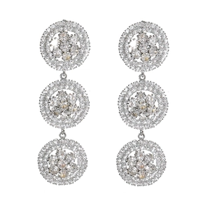 Elegant silver long drop earrings with triple circular rhinestone studs for women