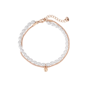 Close-up of double-layer pearl bracelet with rose gold chain and adjustable clasp detail