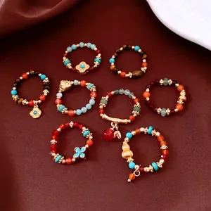 Beaded Ring Vintage Tiger Eye Agate Gold Plated Brass Elastic Band Ethnic Boho Handmade Finger Jewelry For Women Gift