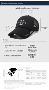Detailed size chart and measurement guide for breathable mesh baseball cap with long brim