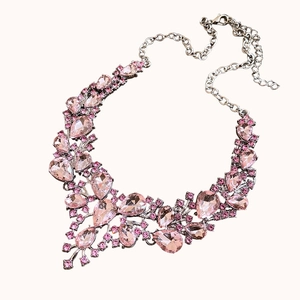 Vintage style silver chain necklace with pink rhinestone waterdrop floral design